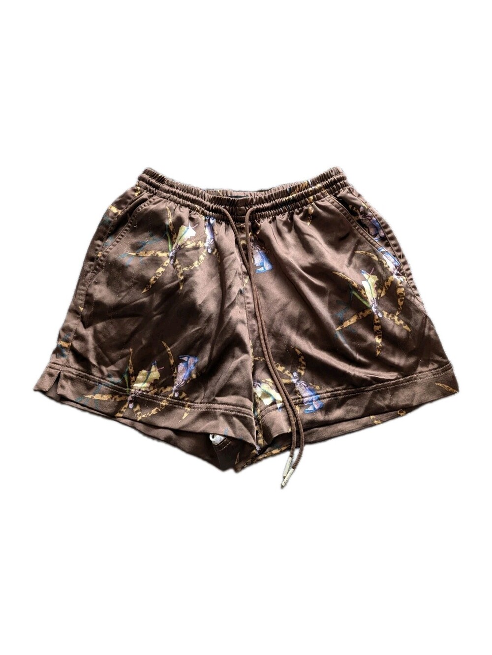 Standard Cloth Brown Flower Shorts Pockets Drawstring Small Polyester